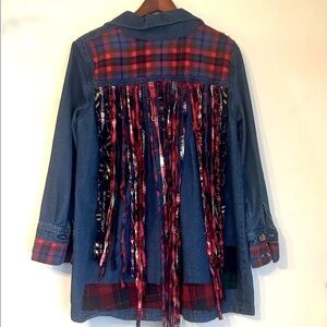 Upcycled flannel plaid patched fringe back denim jean coat